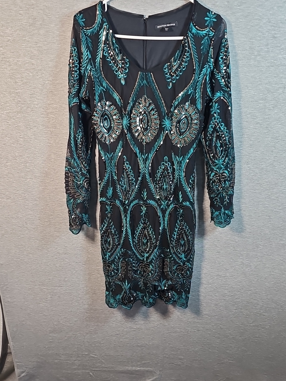 Boston Proper Black Dress with Teal Beaded Embroidery